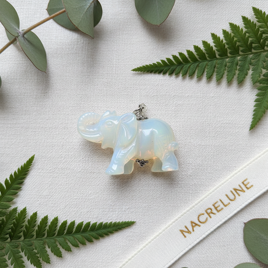 Pendentif éléphant sculpté pierre naturelle Opalite nacrelune.com pendentif