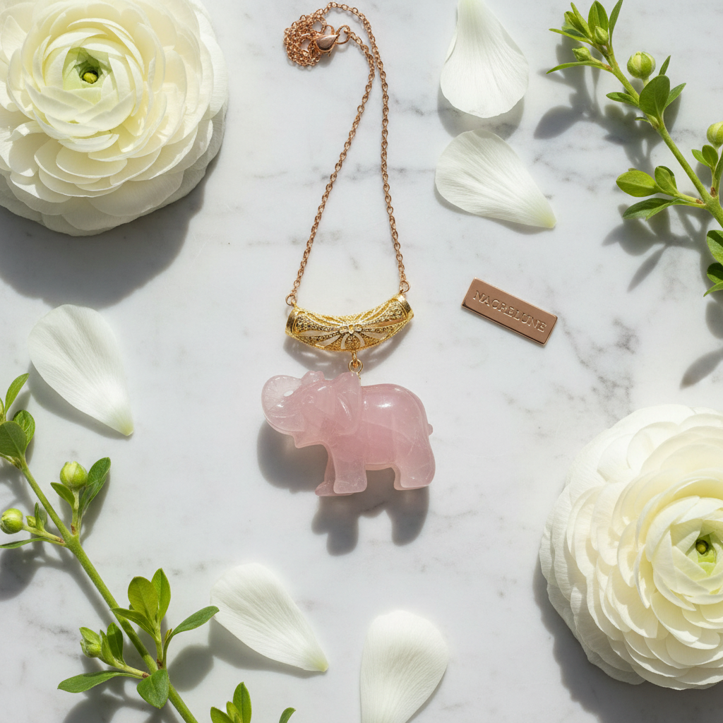 Pendentif éléphant sculpté pierre naturelle Quartz rose nacrelune.com pendentif