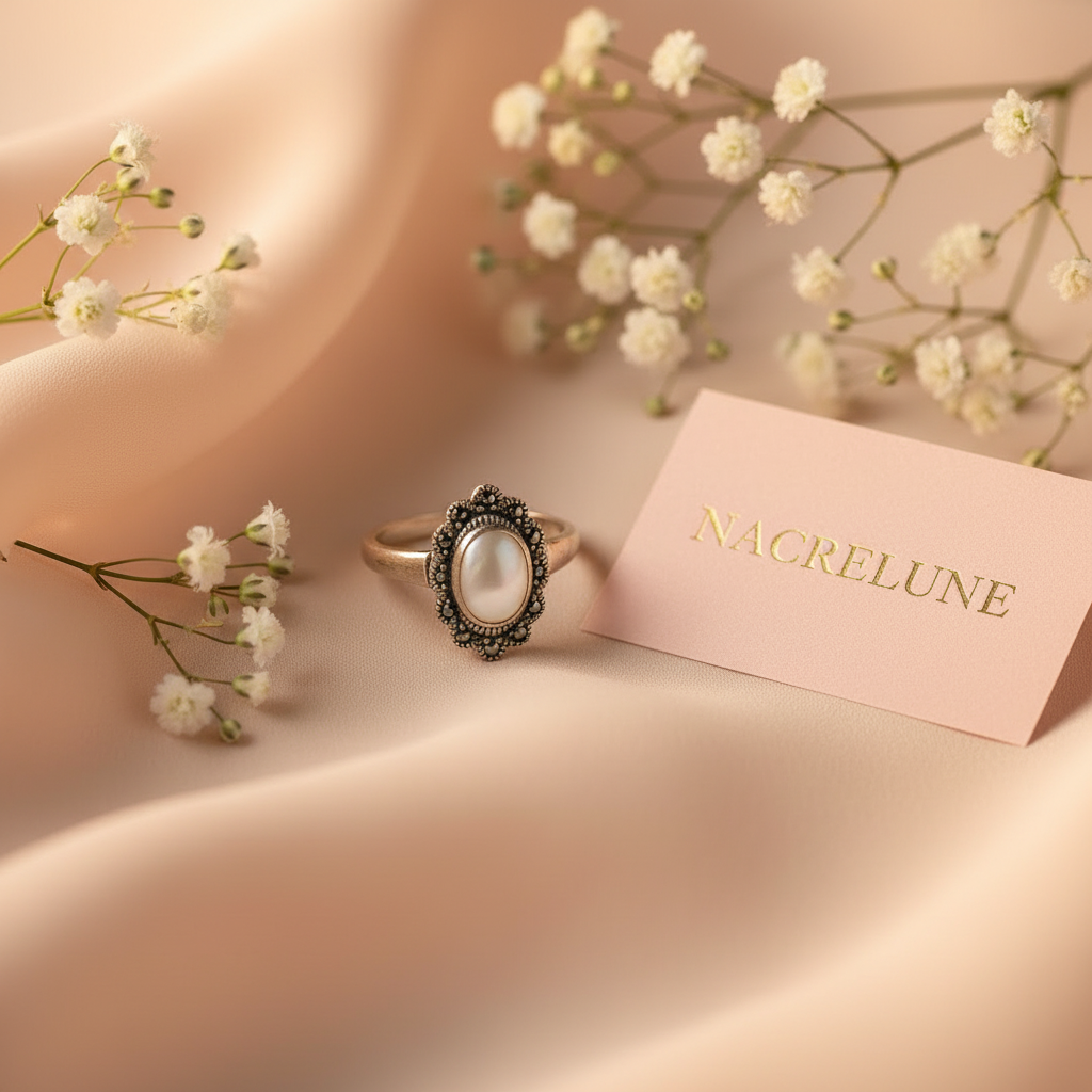 Bague en argent véritable avec marcassites et cabochon de nacre naturelle nacrelune.com Bague