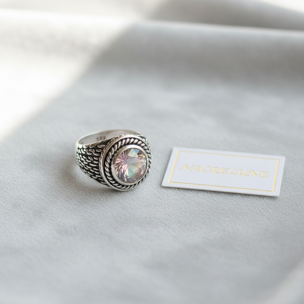 Bague en argent 925 avec topaze traitée mystique multicolore nacrelune.com Bague
