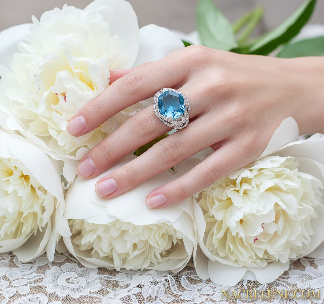 Bague argent avec topaze bleue nacrelune.com Bague