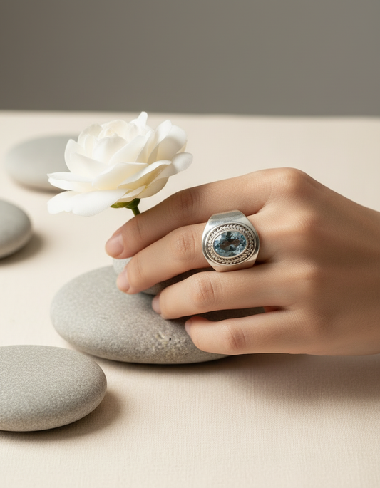 Bague en argent 925 avec topaze bleue NACRELUNE Bague