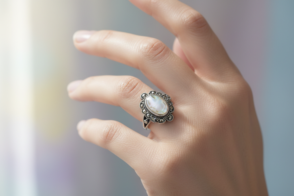 Bague en argent véritable avec marcassites et cabochon de nacre naturelle nacrelune.com Bague