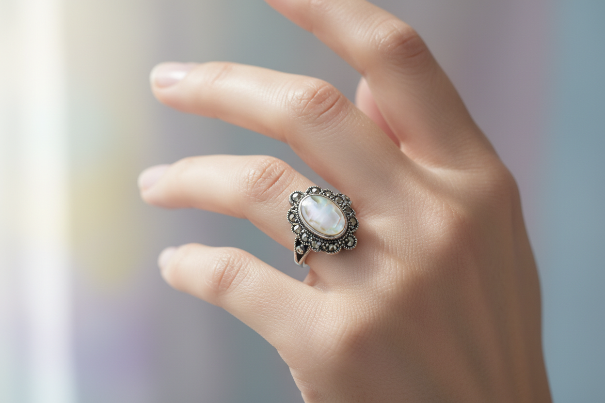 Bague en argent véritable avec marcassites et cabochon de nacre naturelle nacrelune.com Bague