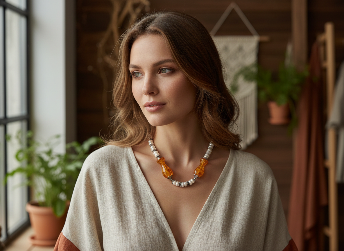 Collier en perles culture avec perles d'ambres pressé NACRELUNE parure