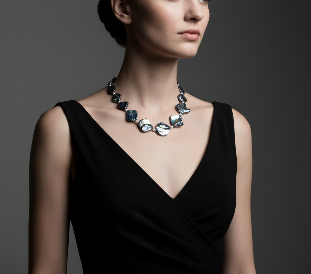Collier en perles de nacre métallisé et petites perles fines nacrelune.com collier