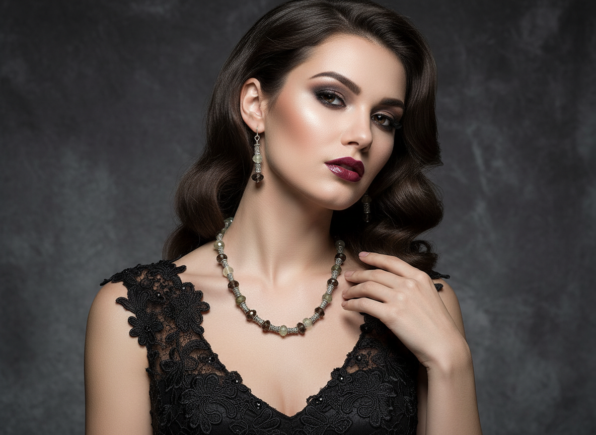 Parure en perles de quartz verts et marrons NACRELUNE parure