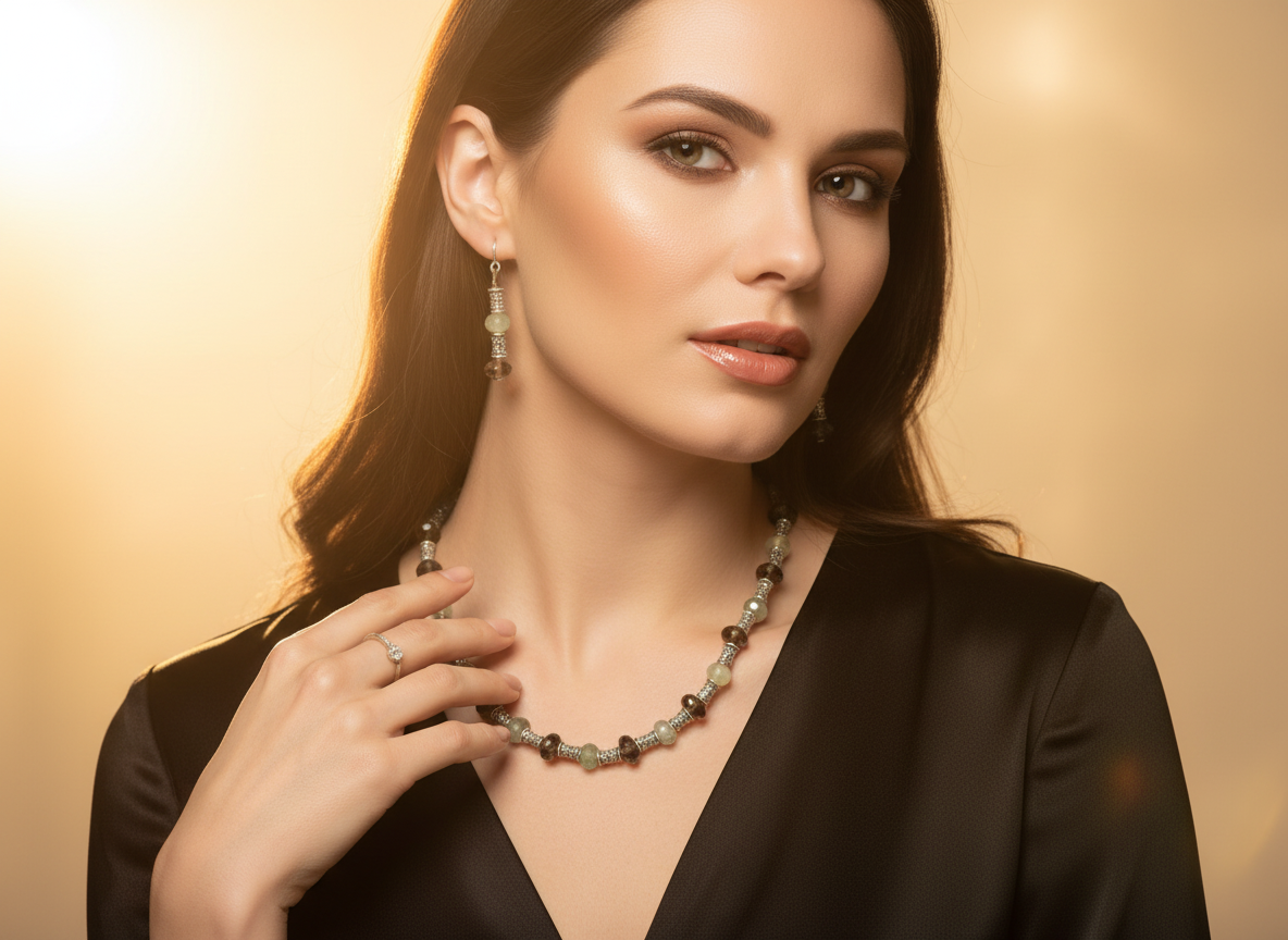 Parure en perles de quartz verts et marrons NACRELUNE parure