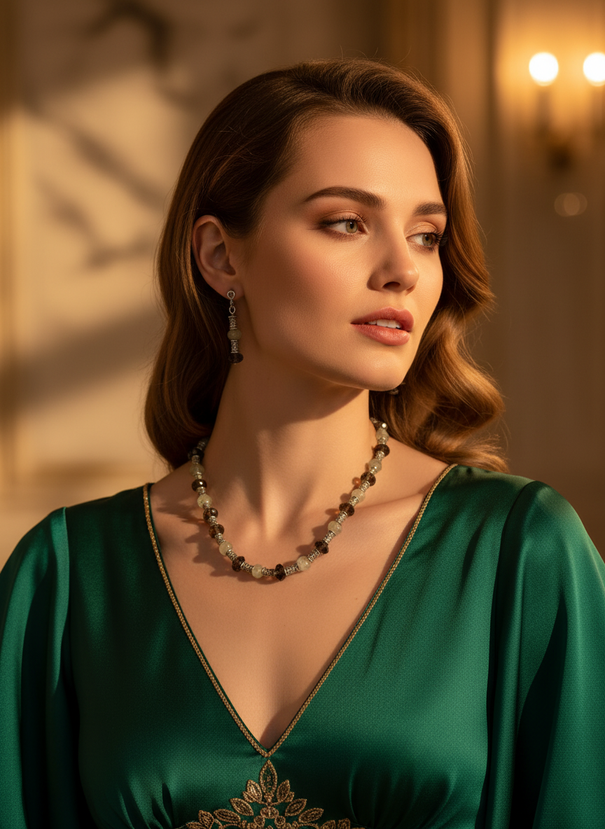 Parure en perles de quartz verts et marrons NACRELUNE parure