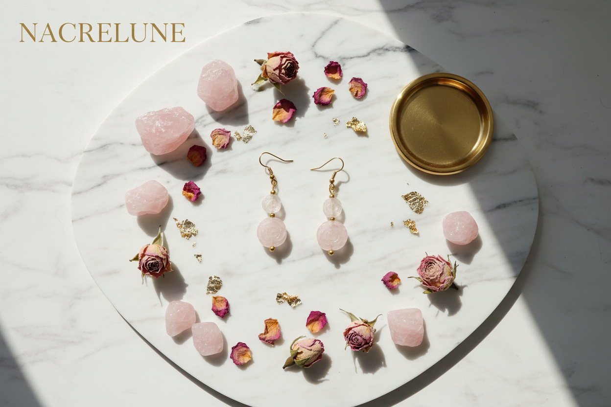Boucles d'oreille quartz rose en forme de fleurs – Bijou lithothérapie & douceur florale NACRELUNE boucles d'oreille
