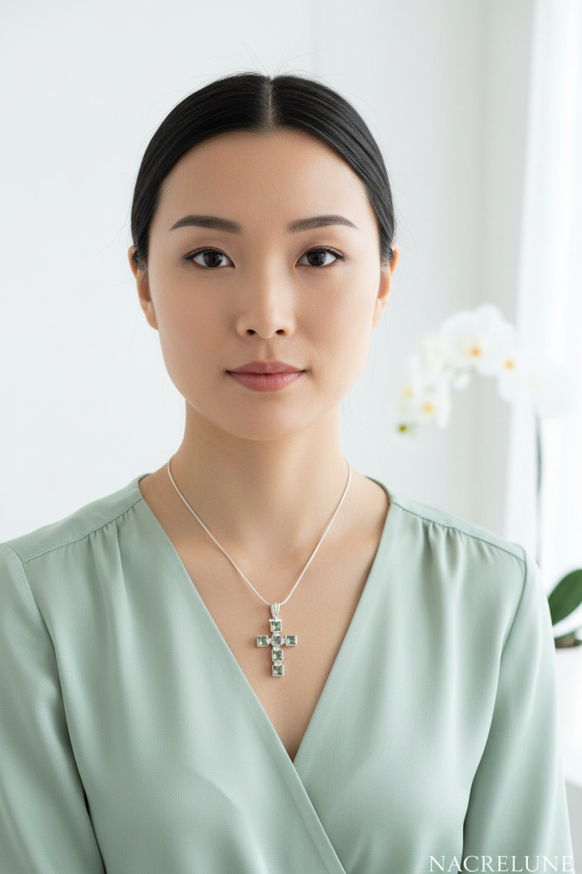 Pendentif Croix en Argent Véritable & Améthystes Vertes – NACRELUNE NACRELUNE pendentif