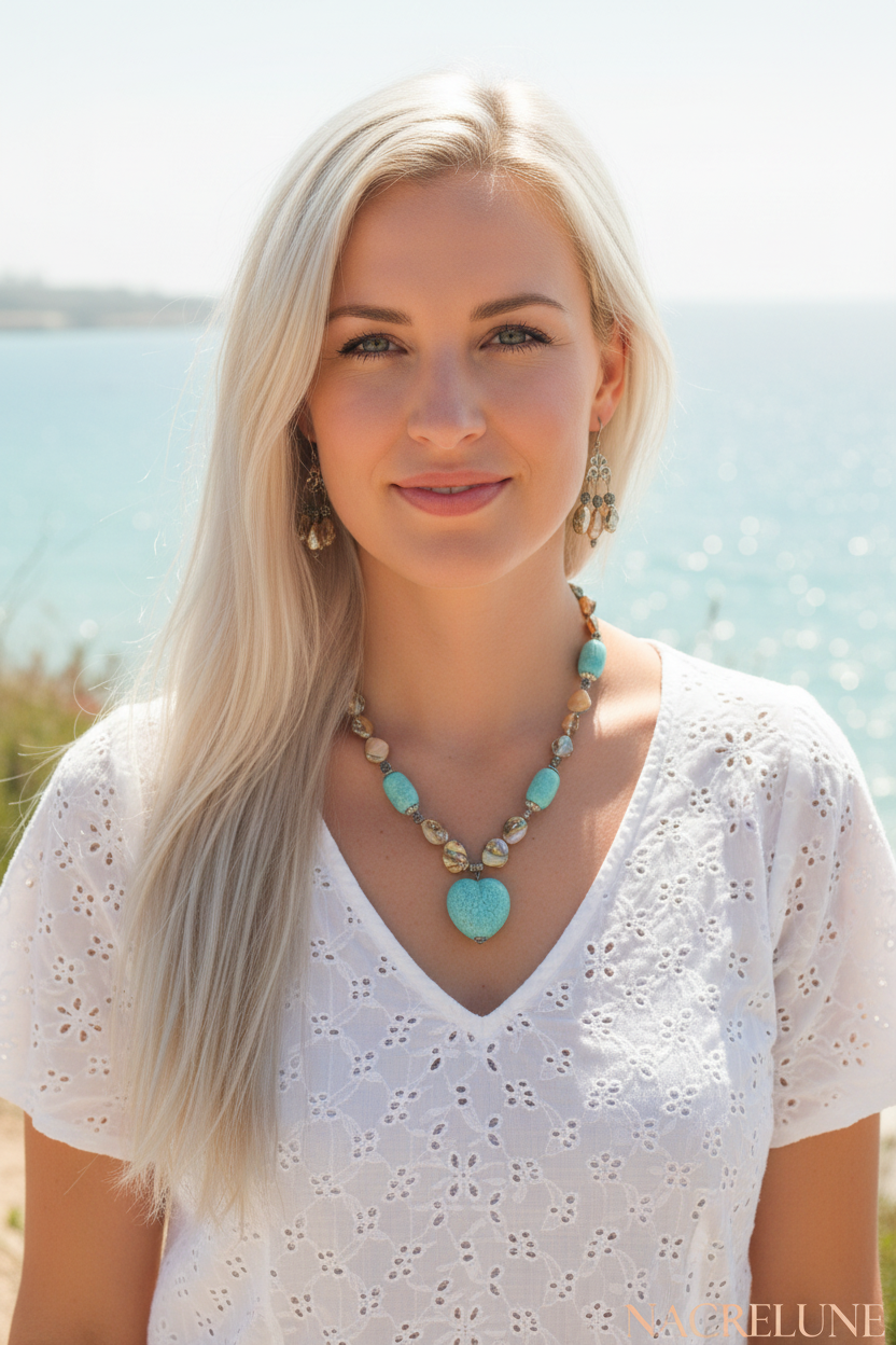 Parure Turquoises & Perles de Nacre – Collier et Boucles Cœur | NACRELUNE nacrelune.com parure