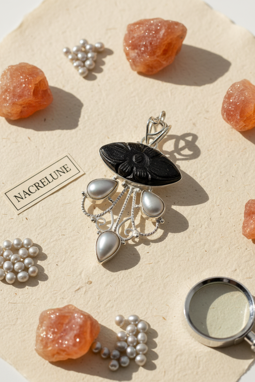 Pendentif Pierre de Soleil Noire Sculptée & Perles — Argent 925 | NACRELUNE nacrelune.com pendentif