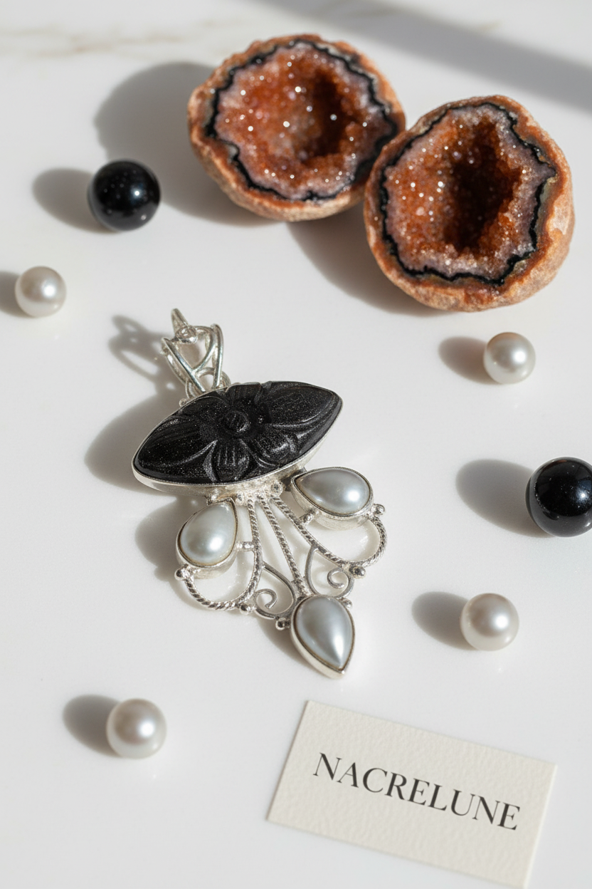 Pendentif Pierre de Soleil Noire Sculptée & Perles — Argent 925 | NACRELUNE nacrelune.com pendentif