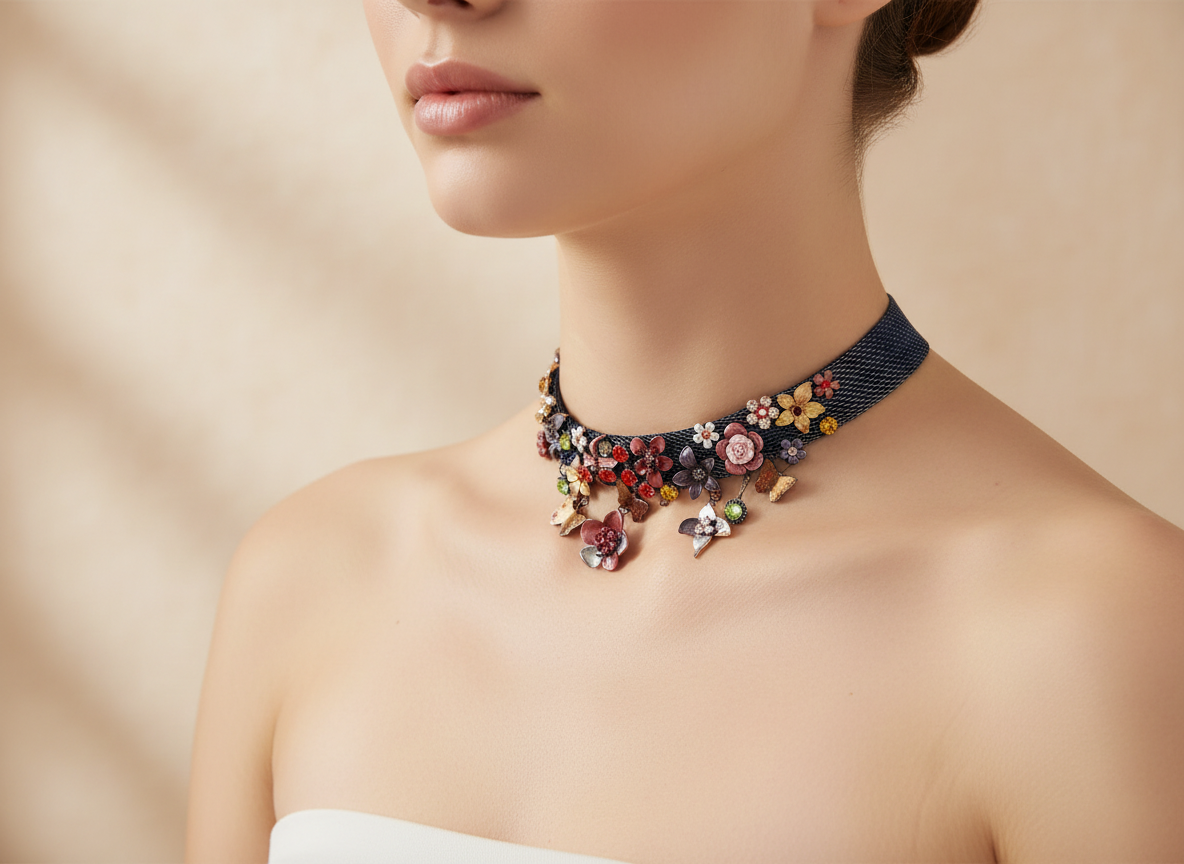 Collier en maille semi rigide avec fleurs et papillons nacrelune.com collier