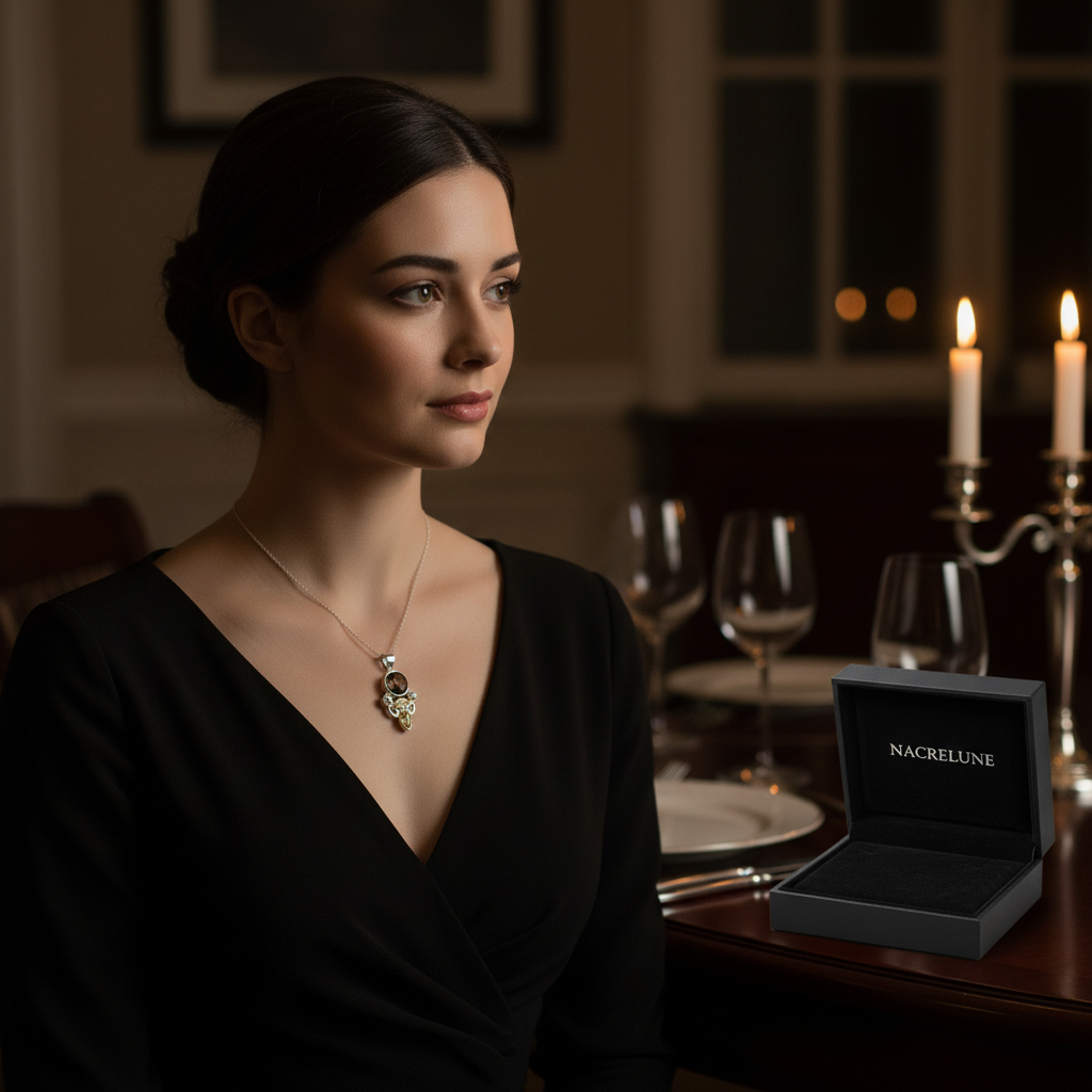 Pendentif en argent 925 avec perles, citrines et quartz fumé nacrelune.com collier