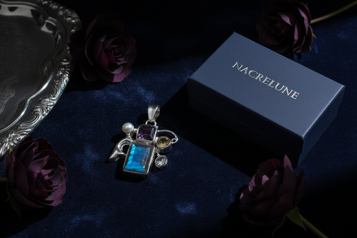 Pendentif en argent 925 avec labradorite, améthyste et citrine nacrelune.com pendentif