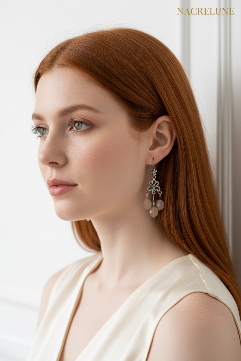 Boucles d'oreille pierres de lune roses – Bijou lithothérapie & douceur lunaire nacrelune.com boucles d'oreille