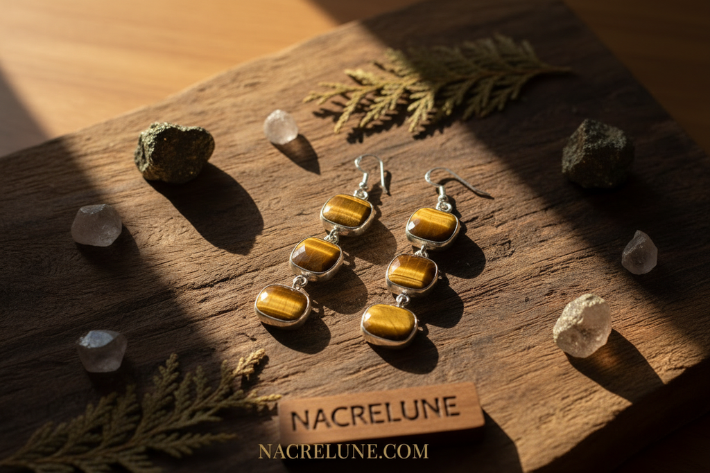 Boucles d'oreille en argent avec oeil du tigre taillé nacrelune.com boucles d'oreille