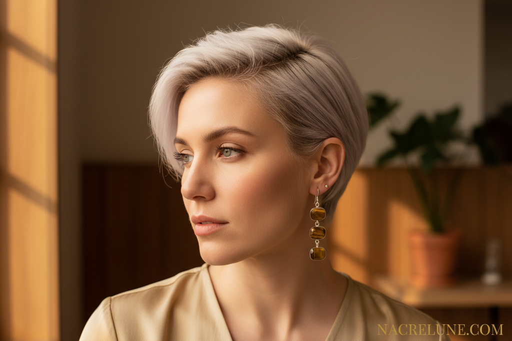 Boucles d'oreille en argent avec oeil du tigre taillé nacrelune.com boucles d'oreille