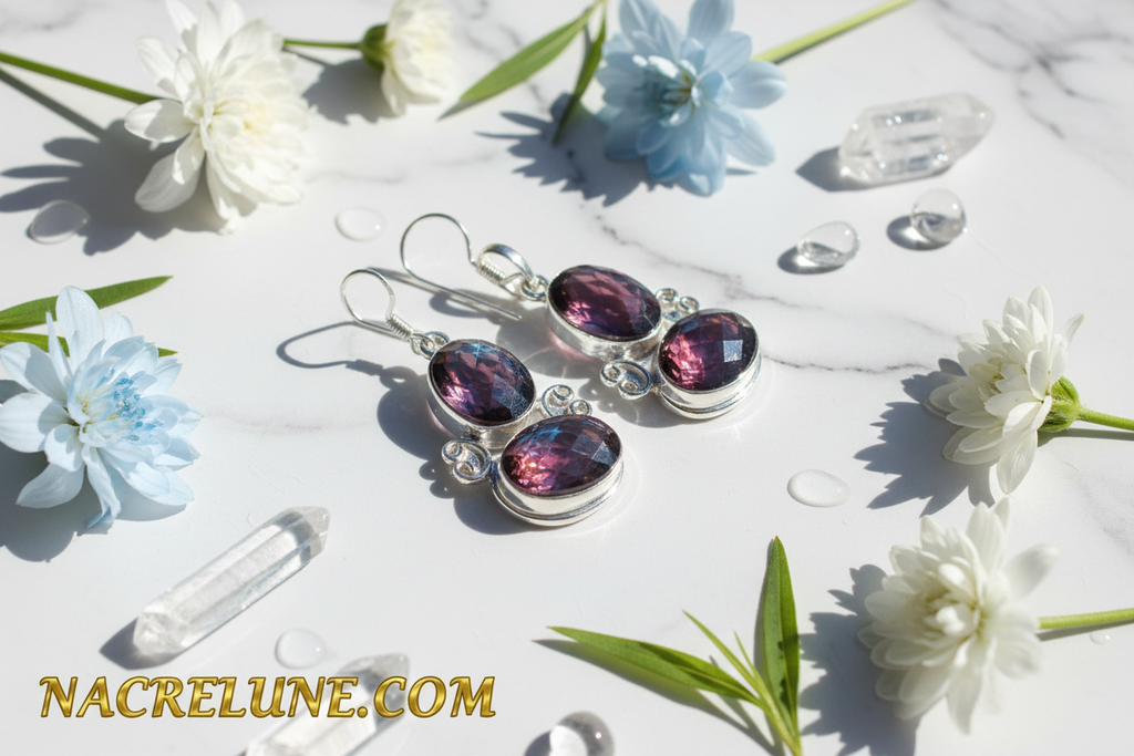 Boucles d'oreille en argent avec topaze mystique bleu-rouge nacrelune.com boucles d'oreille