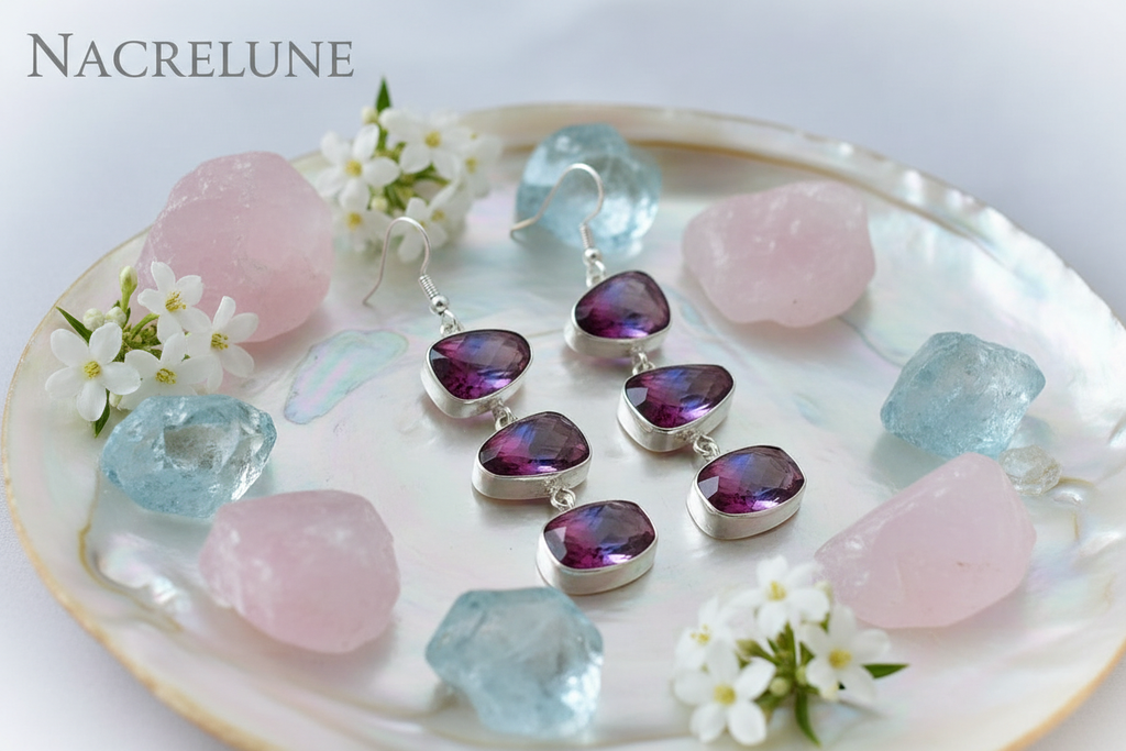 Boucles d'oreille en argent avec topazes mystiques rose-bleu nacrelune.com boucles d'oreille