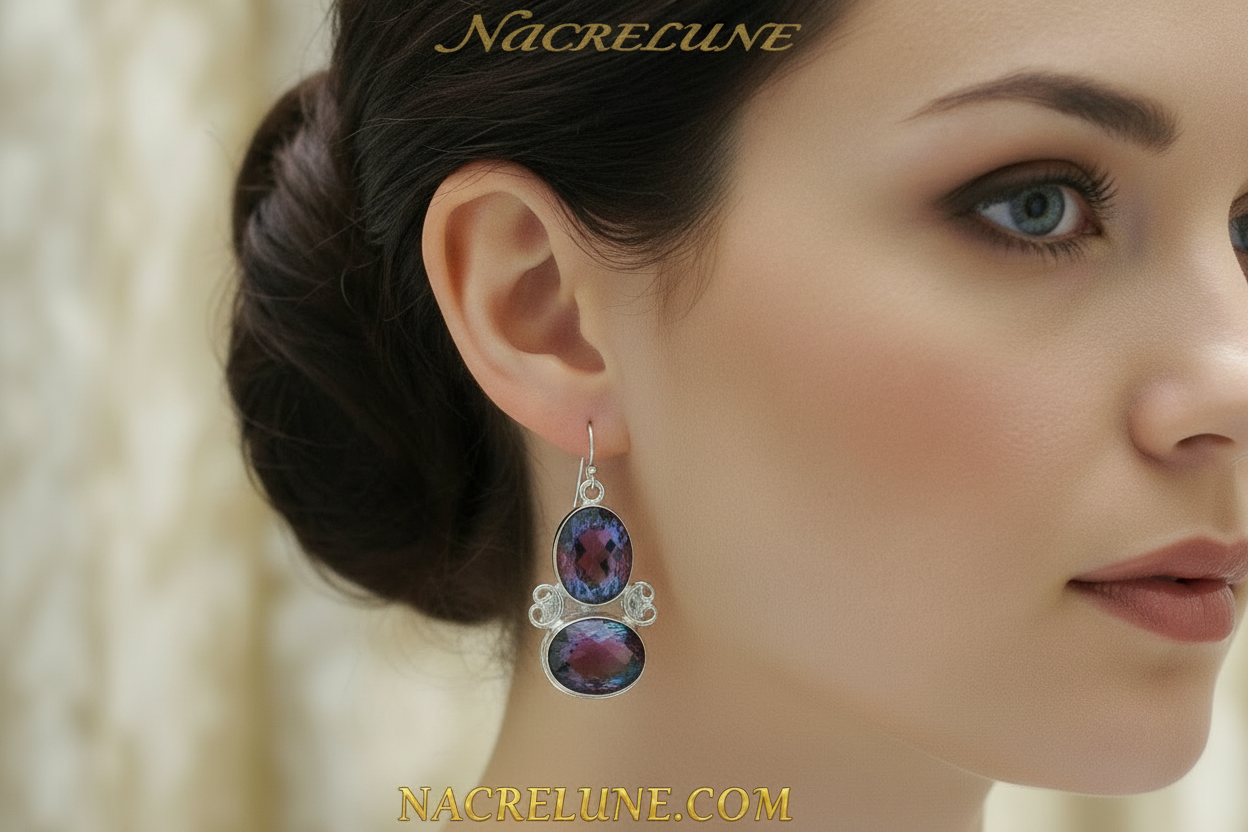 Boucles d'oreille en argent avec topaze mystique bleu-rouge nacrelune.com boucles d'oreille