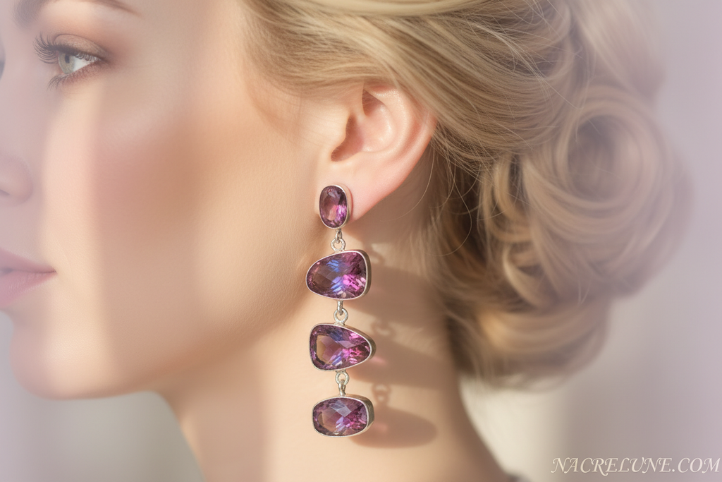 Boucles d'oreille en argent avec topazes mystiques rose-bleu nacrelune.com boucles d'oreille