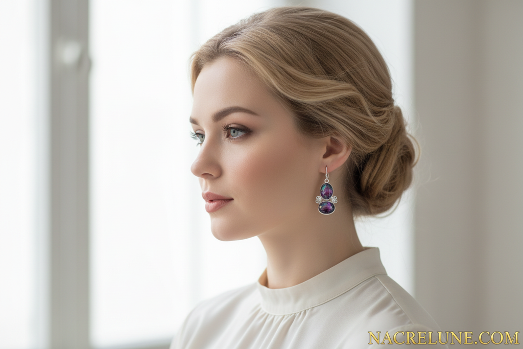 Boucles d'oreille en argent avec topaze mystique bleu-rouge nacrelune.com boucles d'oreille