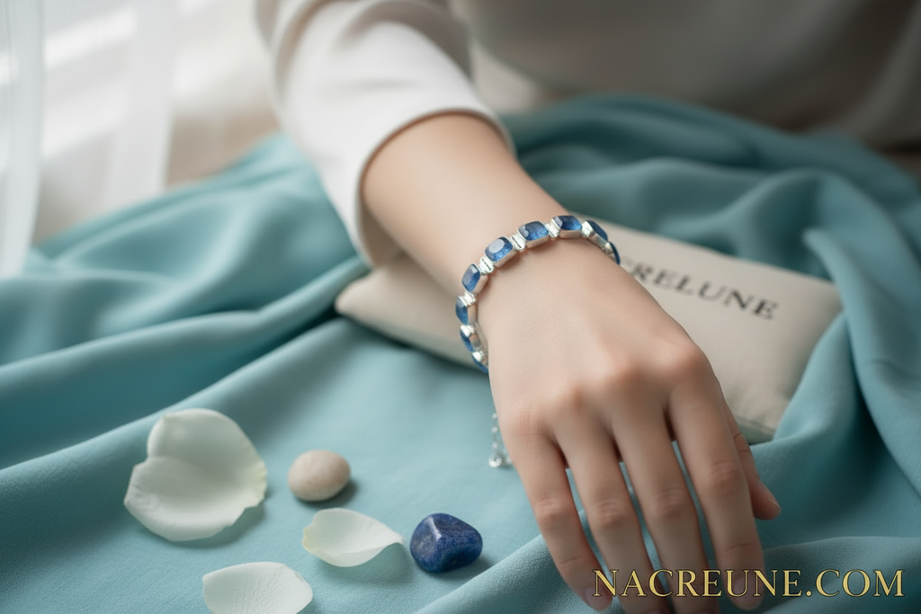 Bracelet en argent avec cyanites polies nacrelune.com bracelet