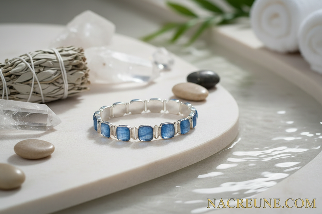 Bracelet en argent avec cyanites polies nacrelune.com bracelet