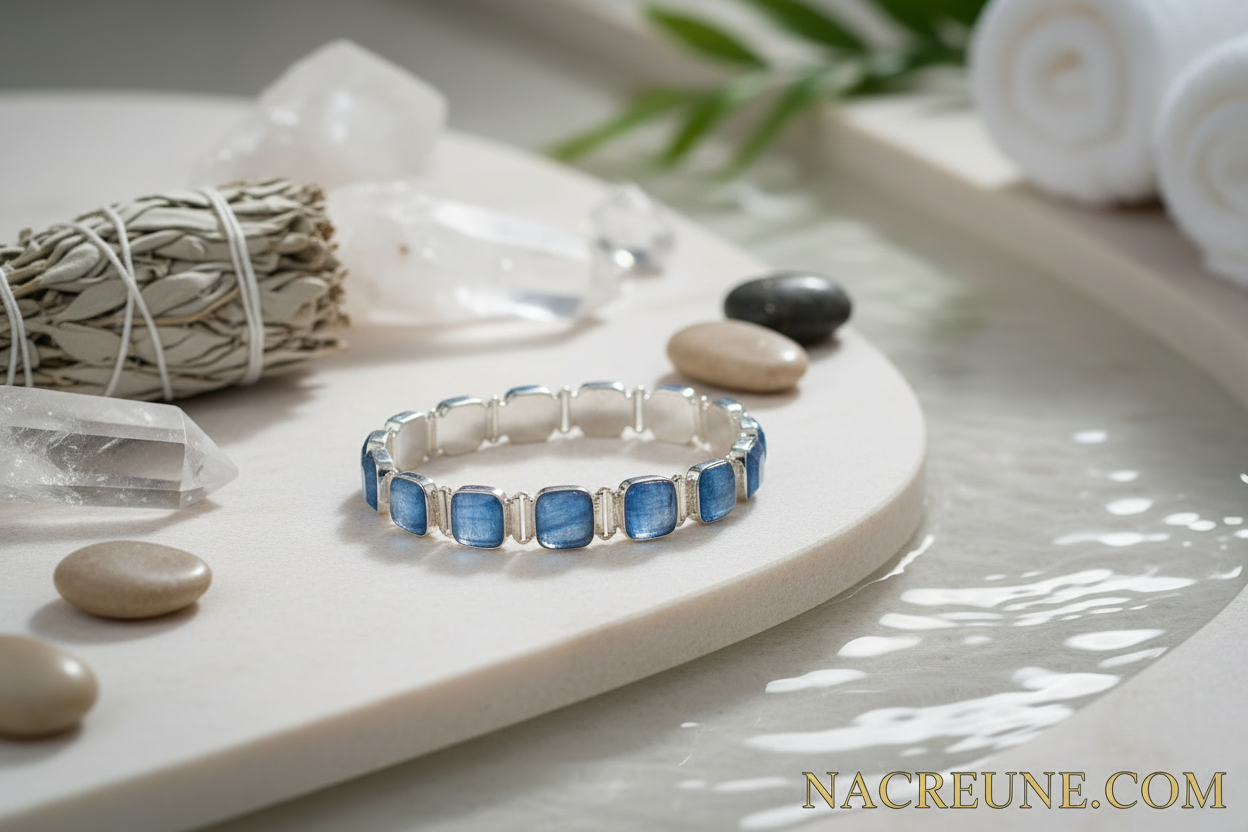 Bracelet en argent avec cyanites polies nacrelune.com bracelet
