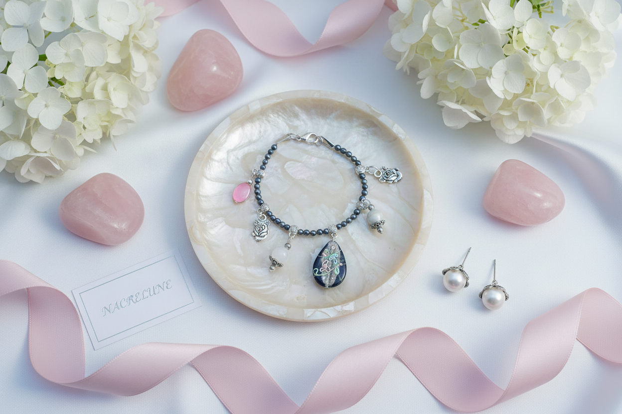 Bracelet en perles fines avec breloques quartz, nacre rose et perle de verre nacrelune.com bracelet