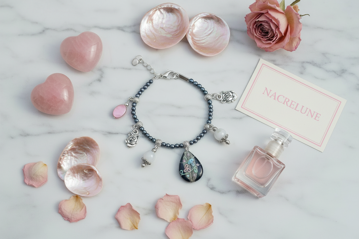 Bracelet en perles fines avec breloques quartz, nacre rose et perle de verre nacrelune.com bracelet