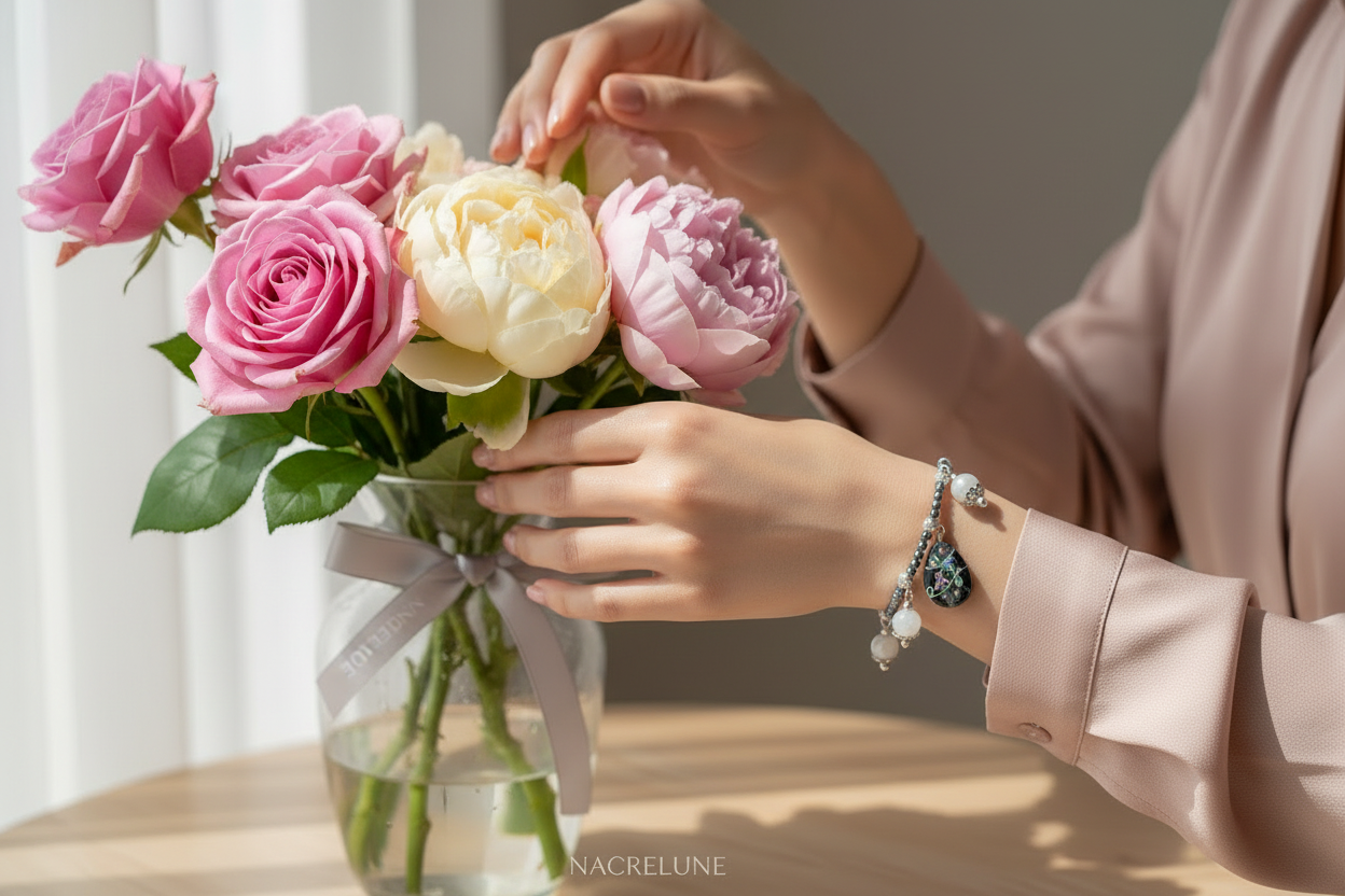 Bracelet en perles fines avec breloques quartz, nacre rose et perle de verre nacrelune.com bracelet