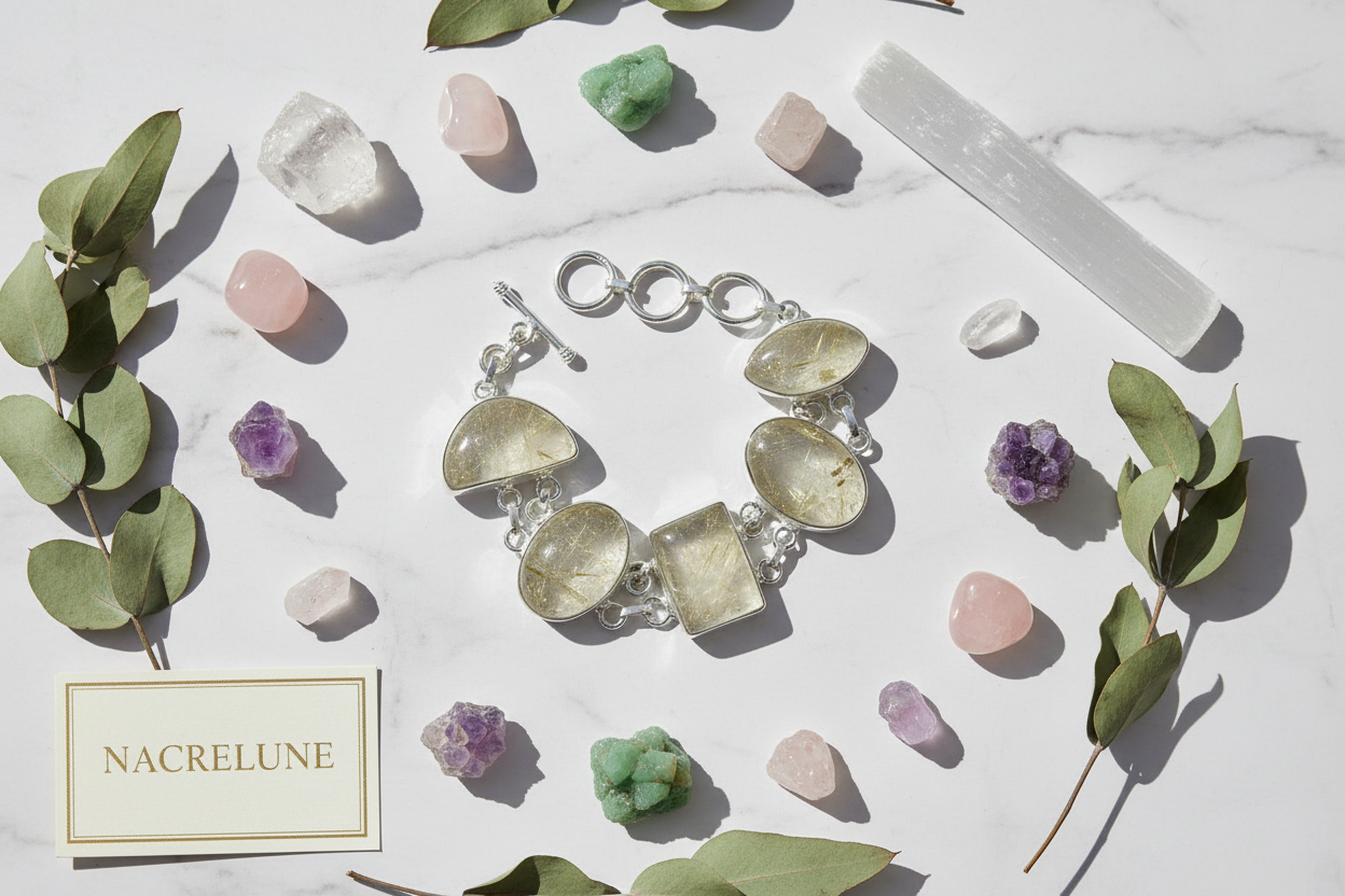 Bracelet en argent avec quartz rutiles dorés nacrelune.com bracelet