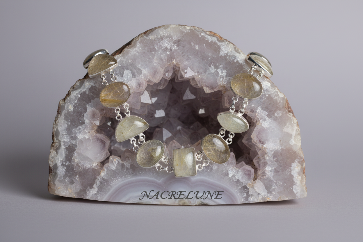 Bracelet en argent avec quartz rutiles dorés nacrelune.com bracelet