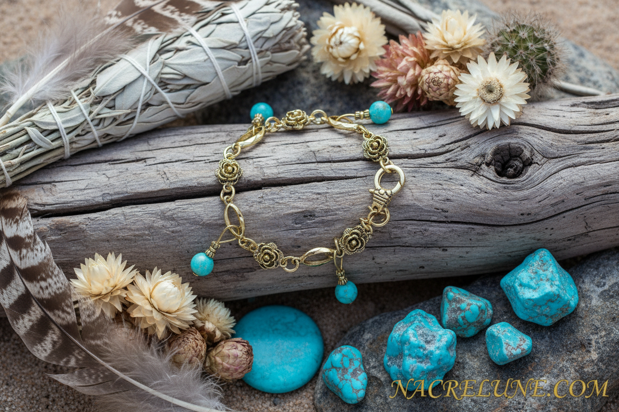 bracelet fantaisie avec turquoises véritables breloques nacrelune.com bracelet