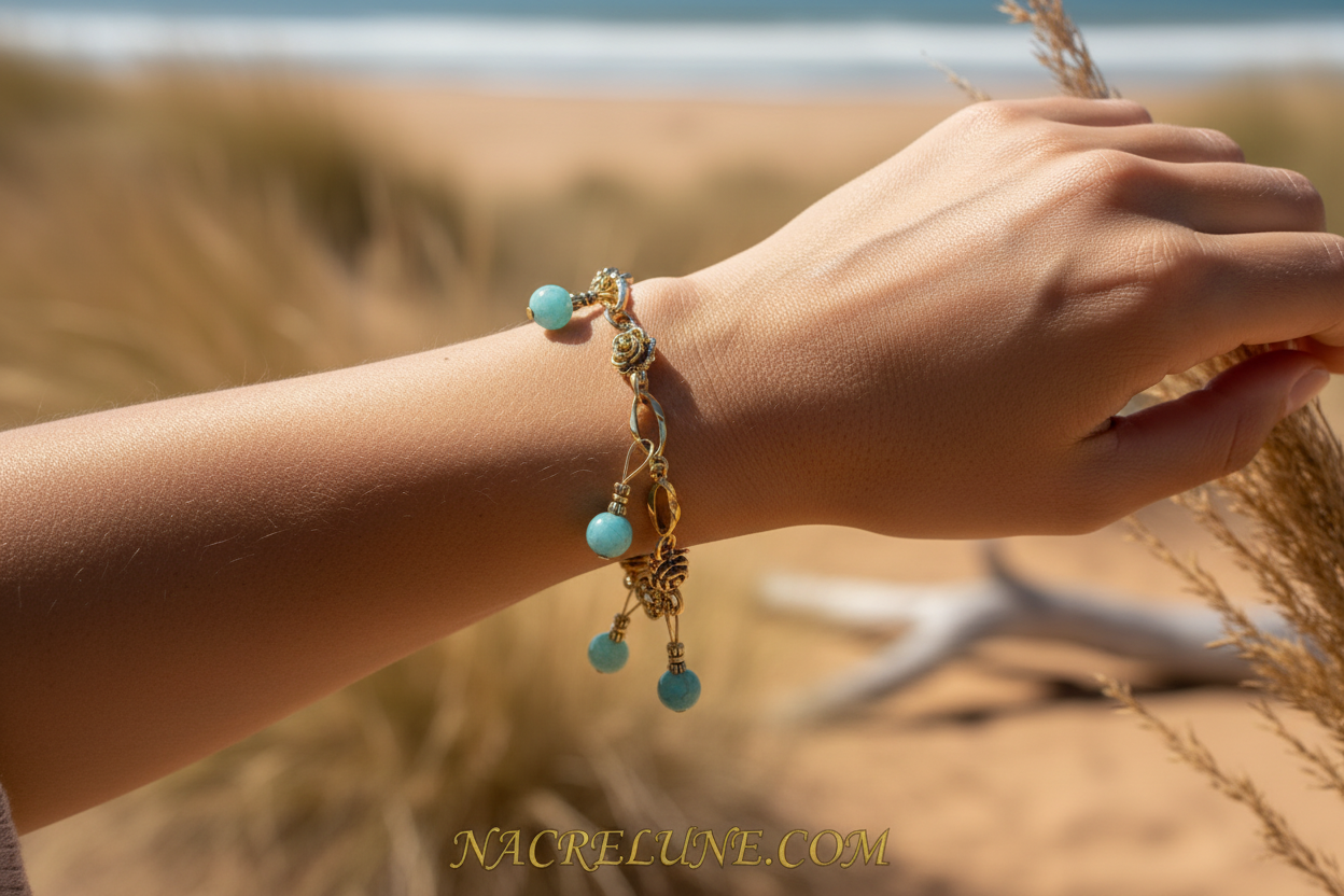 bracelet fantaisie avec turquoises véritables breloques nacrelune.com bracelet
