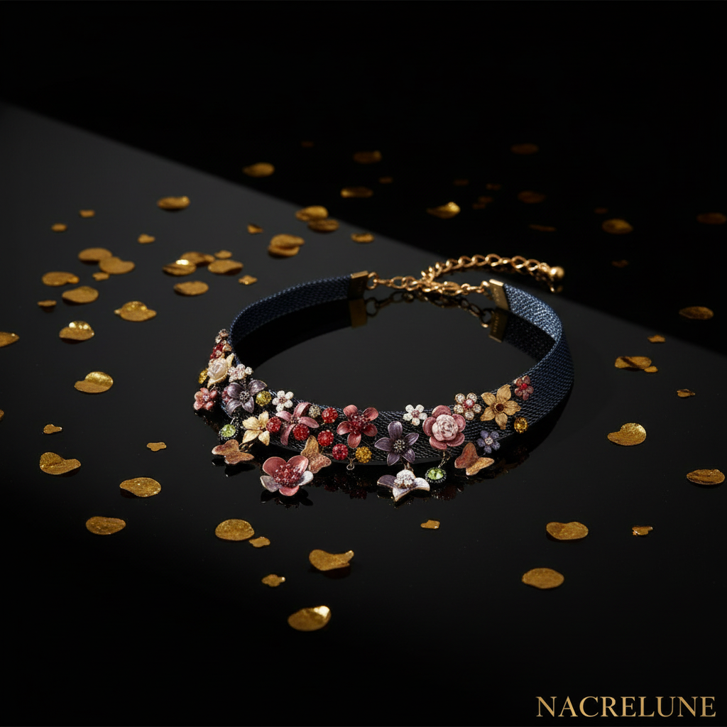 Collier en maille semi rigide avec fleurs et papillons nacrelune.com collier
