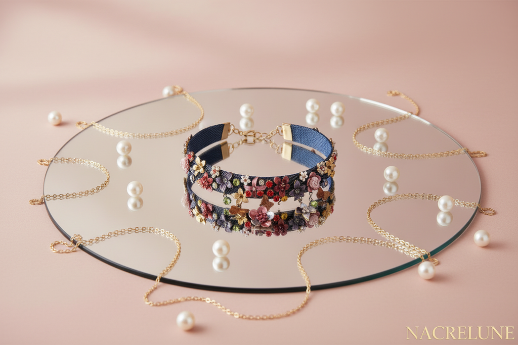 Collier en maille semi rigide avec fleurs et papillons nacrelune.com collier