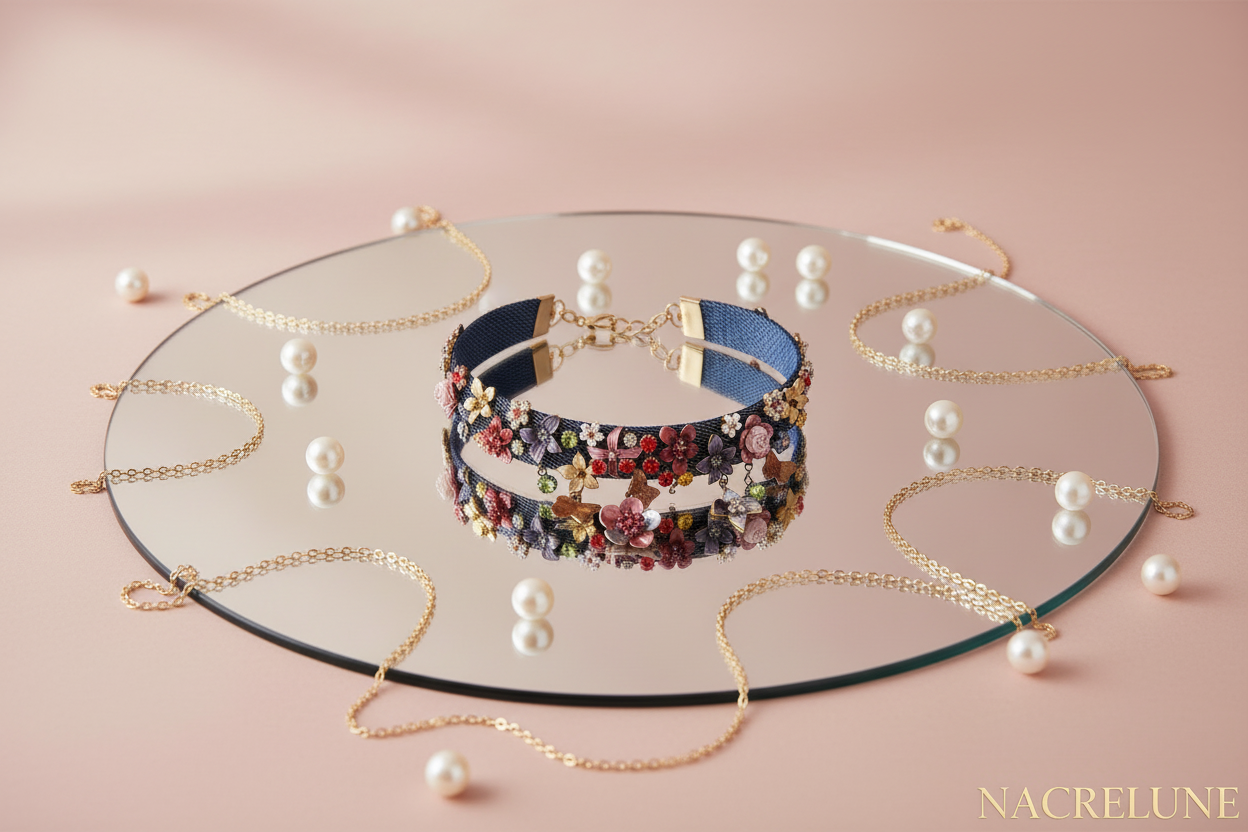 Collier en maille semi rigide avec fleurs et papillons nacrelune.com collier