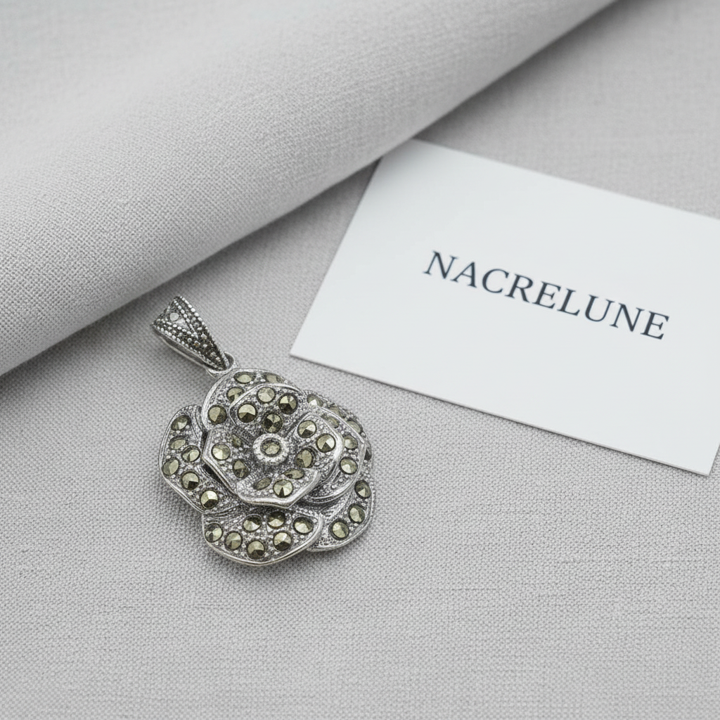 Pendentif Argent 925 & Marcassites | Rose Sculptée Art Déco – Nacrelune nacrelune.com pendentif