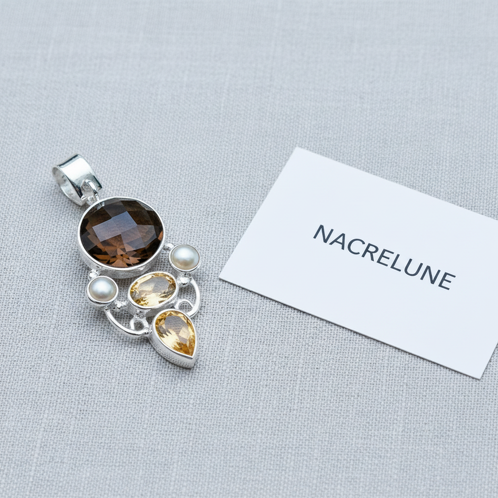 Pendentif en argent 925 avec perles, citrines et quartz fumé nacrelune.com collier