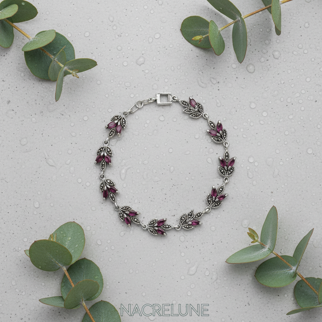 Bracelet en argent et marcassites avec rubis véritables nacrelune.com bracelet