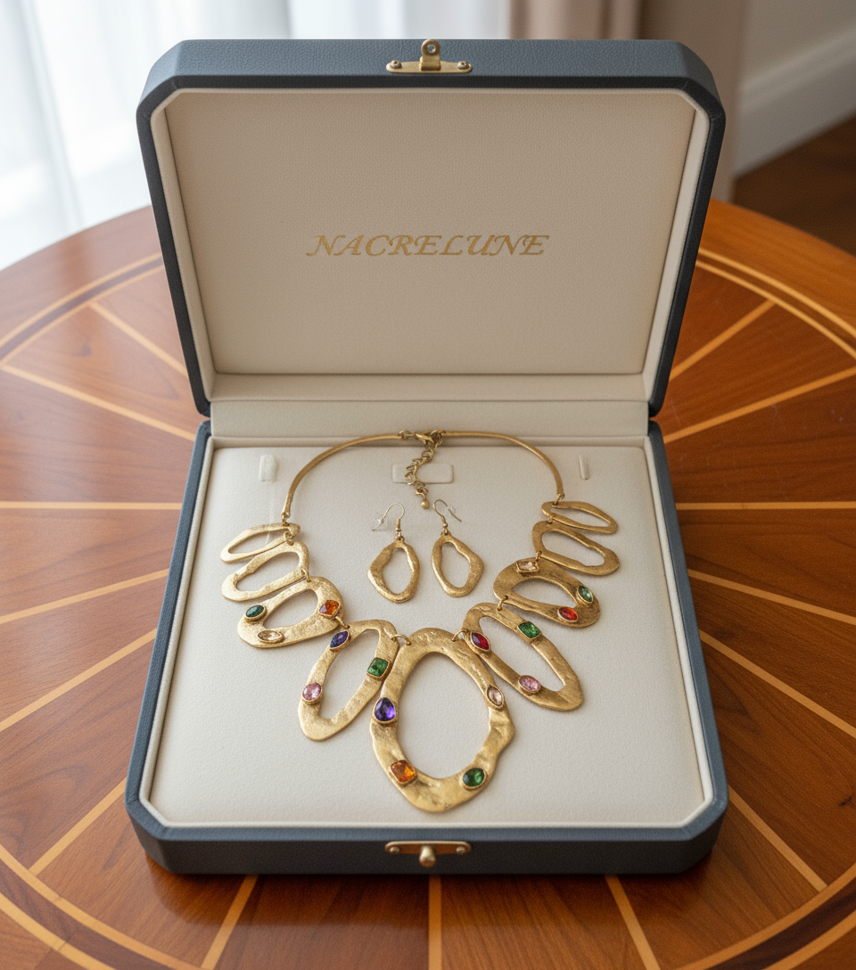 Parure en métal martelé doré et zirconias multicolores nacrelune.com parure