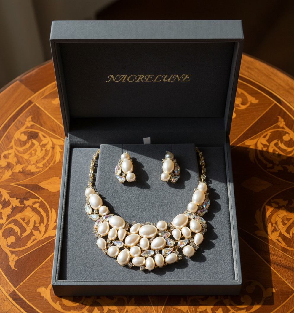 Parure fantaisie en perles fantaisie et strass aurore boréale nacrelune.com parure