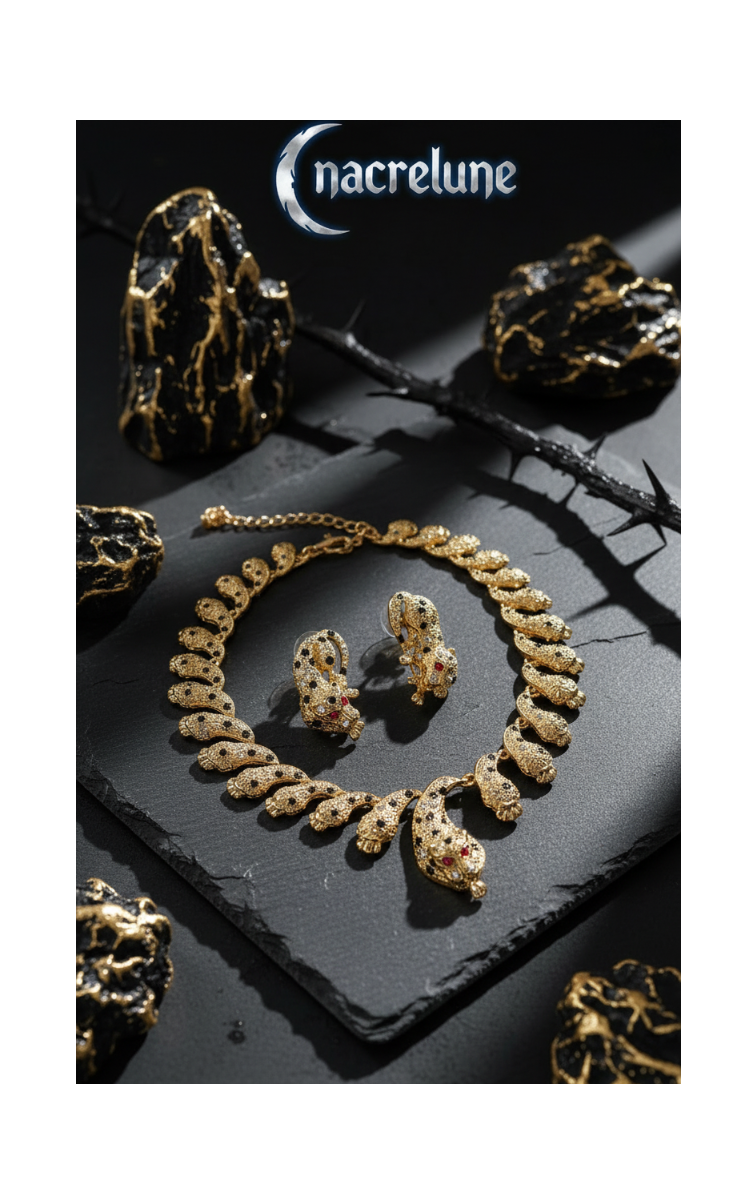 Parure panthère dorée aux yeux zirconia rubis nacrelune.com parure