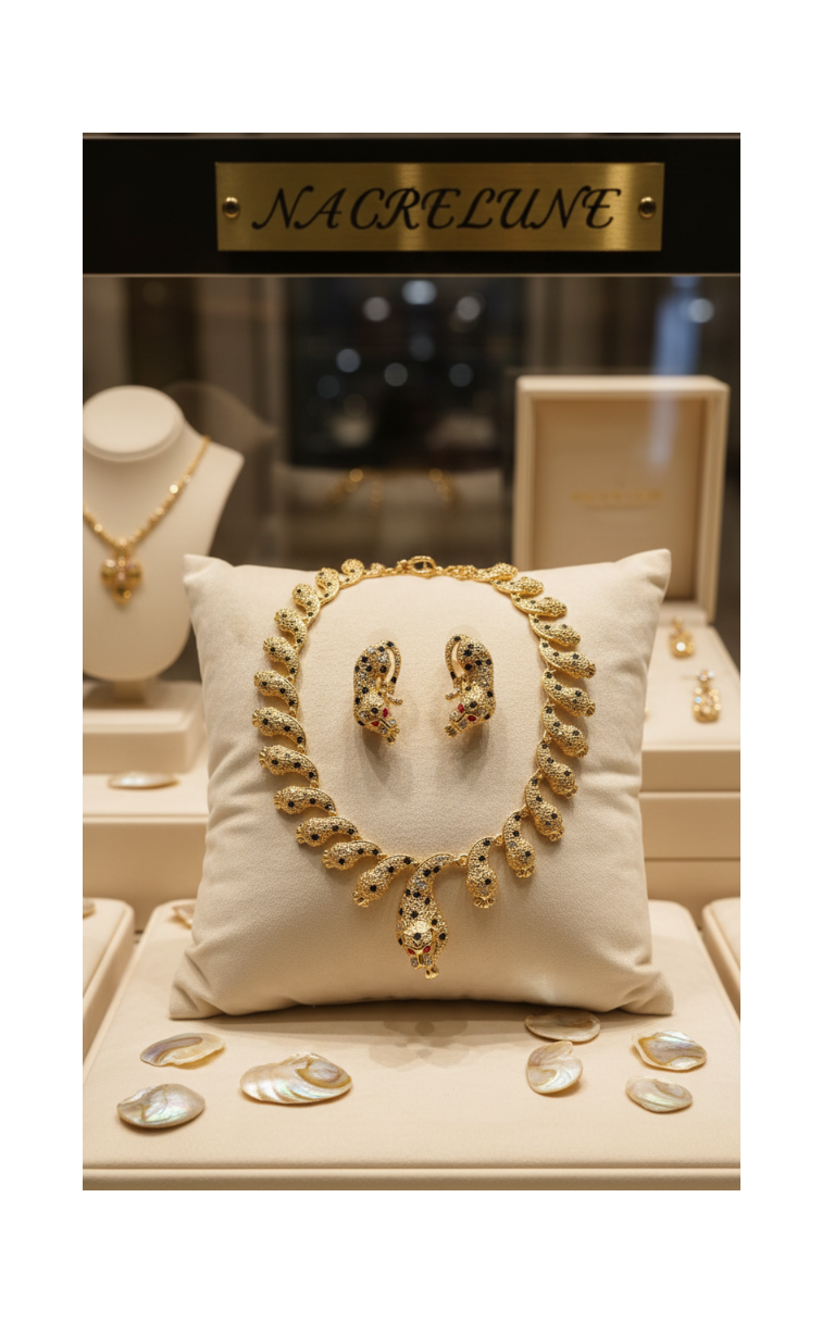 Parure panthère dorée aux yeux zirconia rubis nacrelune.com parure