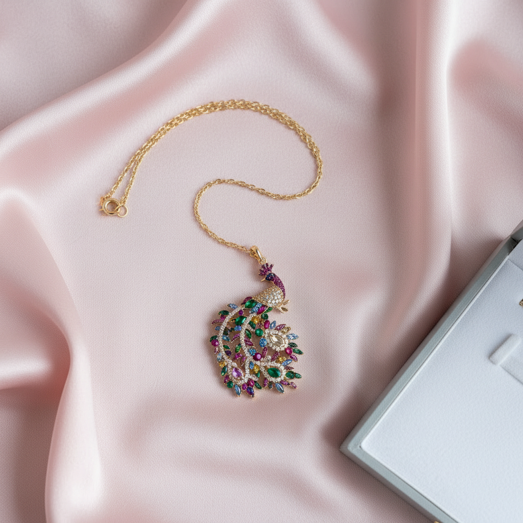 Pendentif en strass sur sa longue chaîne représentant un paon : 2 versions disponibles nacrelune.com pendentif